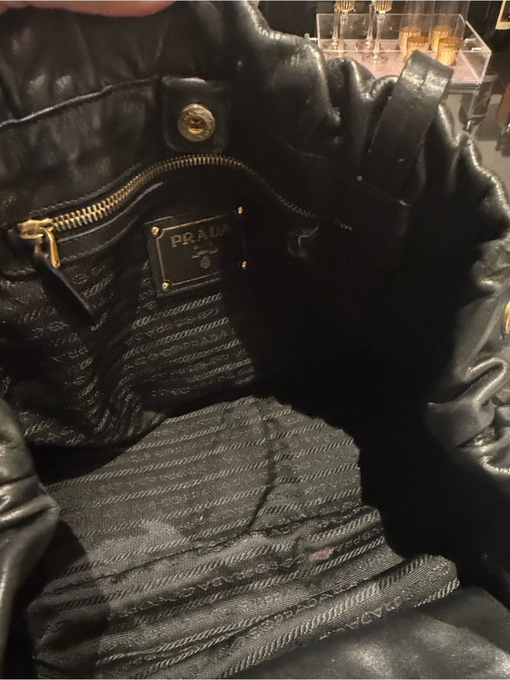 Prada Nero Large Drawstring Leather Tote with Gold Logo